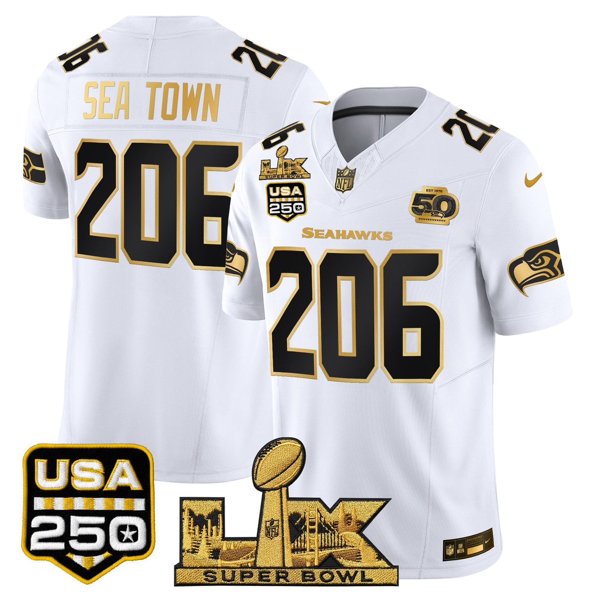 Seattle Seahawks "Super Bowl LX & United States 250th Anniversary Patch" Gold Vapor Limited Jersey - Stitched