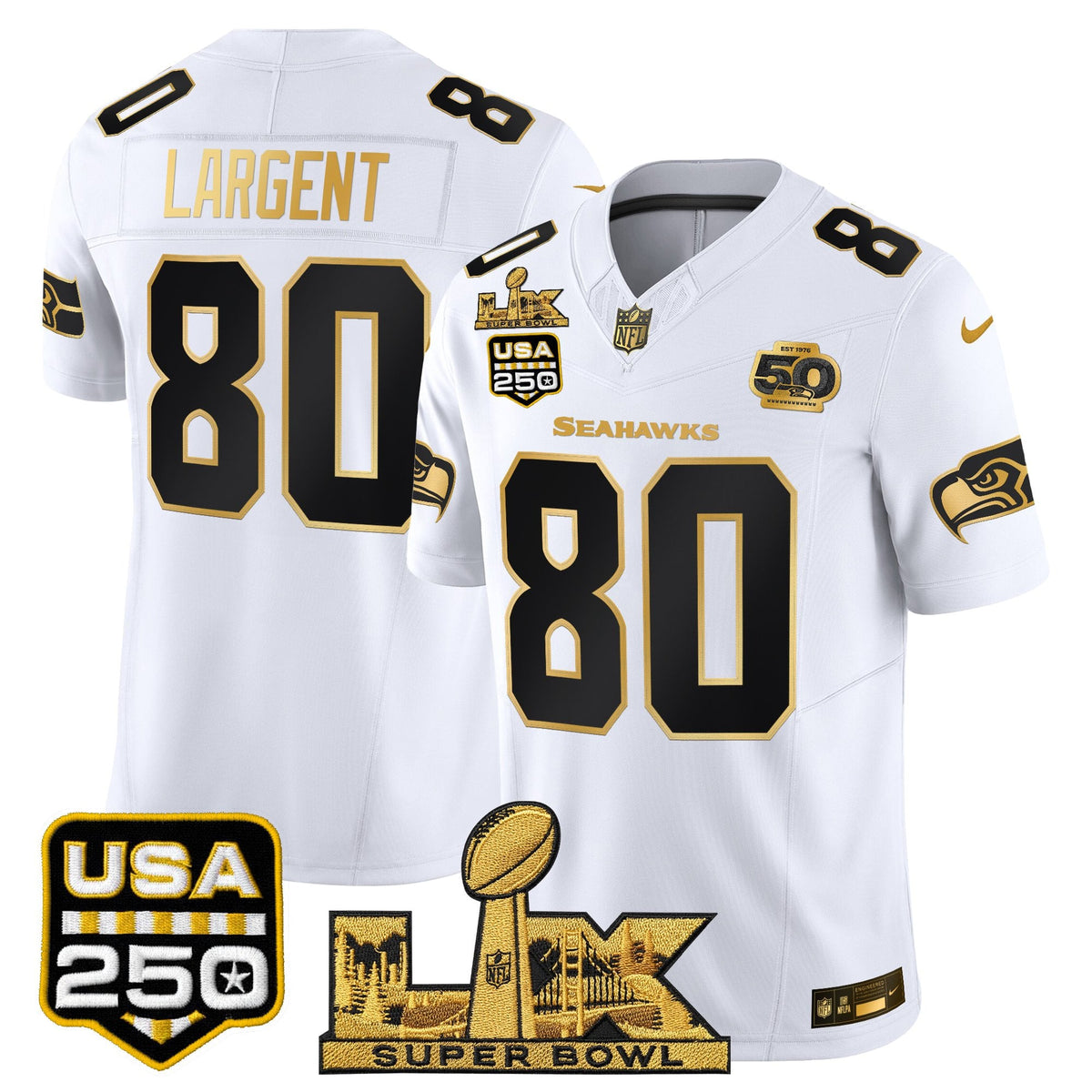 Seattle Seahawks "Super Bowl LX & United States 250th Anniversary Patch" Gold Vapor Limited Jersey - Stitched