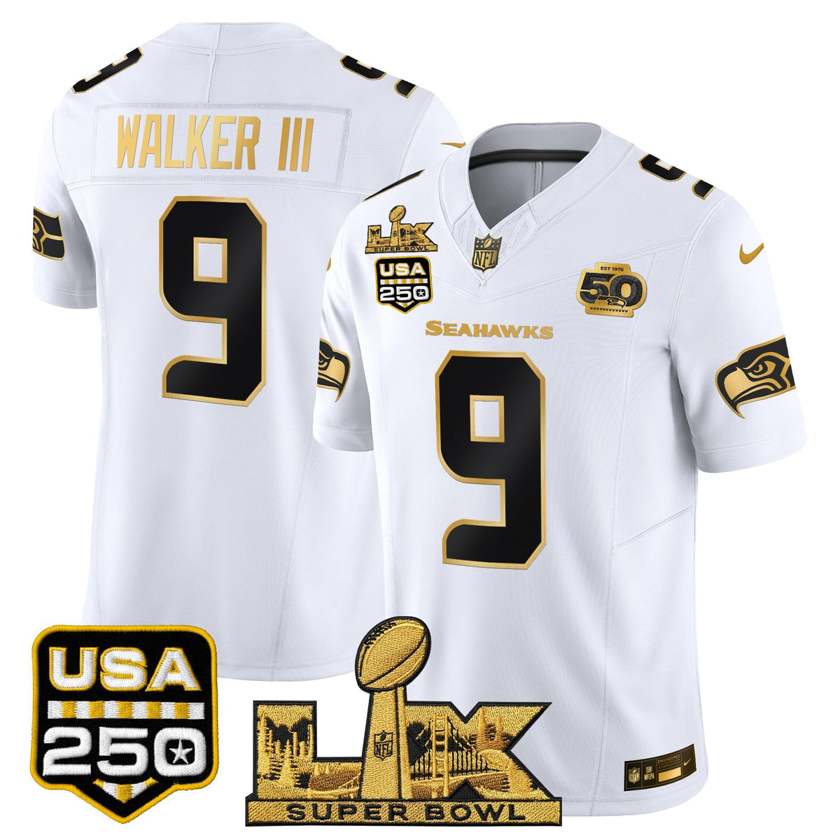 Seattle Seahawks "Super Bowl LX & United States 250th Anniversary Patch" Gold Vapor Limited Jersey - Stitched