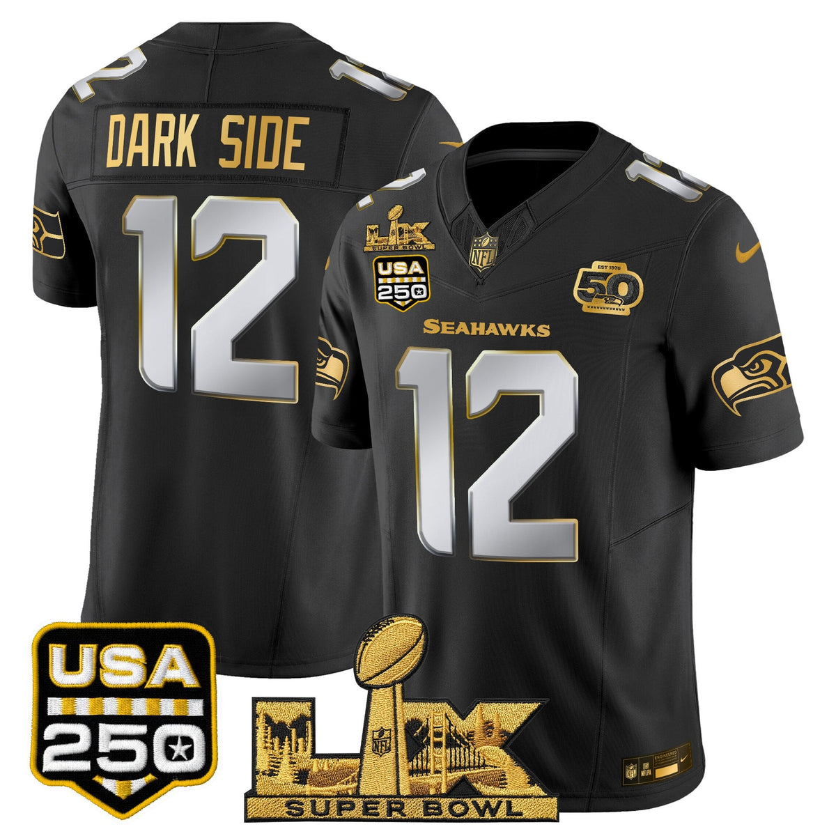 Seattle Seahawks "Super Bowl LX & United States 250th Anniversary Patch" Gold Vapor Limited Jersey - Stitched