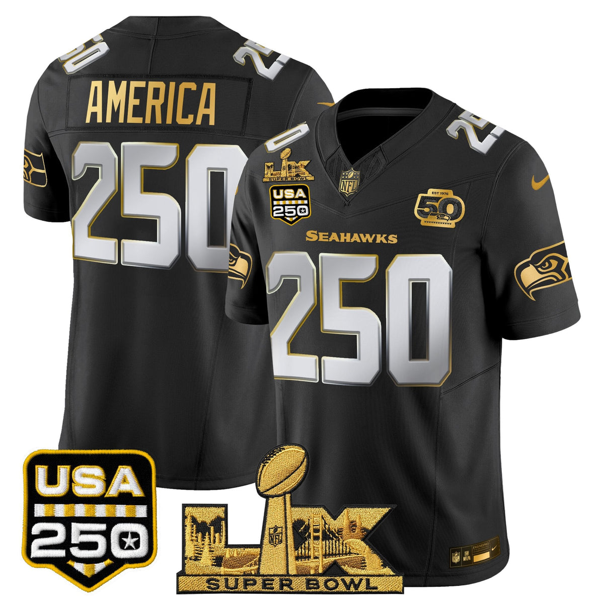 Seattle Seahawks "Super Bowl LX & United States 250th Anniversary Patch" Gold Vapor Limited Jersey - Stitched
