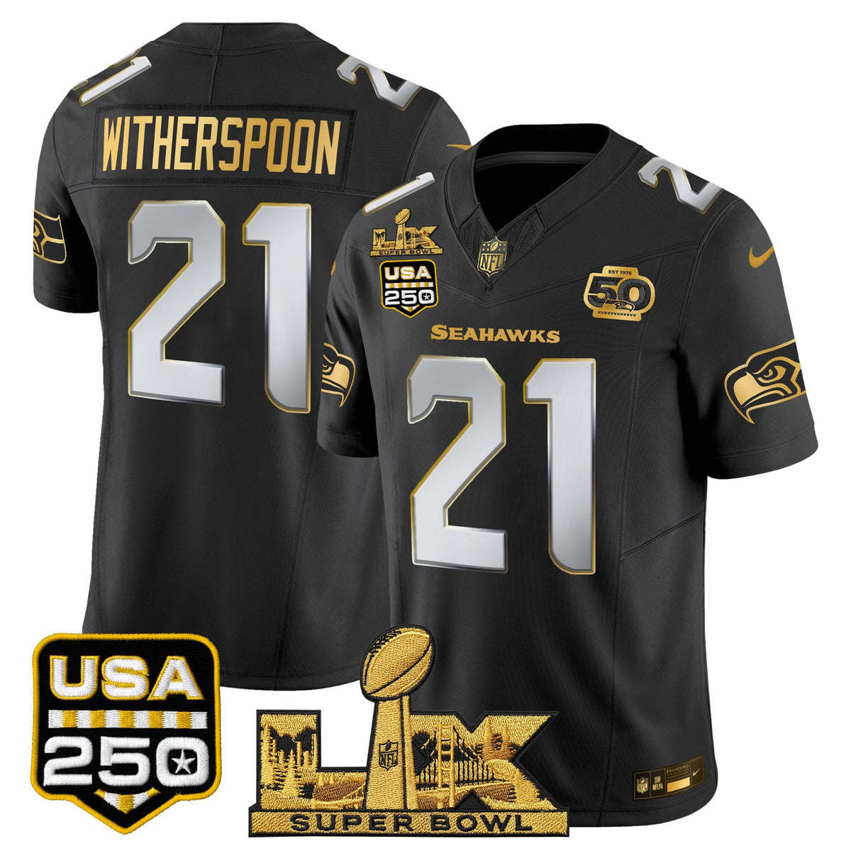 Seattle Seahawks "Super Bowl LX & United States 250th Anniversary Patch" Gold Vapor Limited Jersey - Stitched