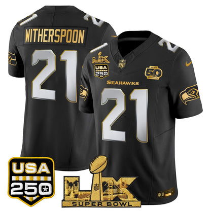 Seattle Seahawks "Super Bowl LX & United States 250th Anniversary Patch" Gold Vapor Limited Jersey - Stitched