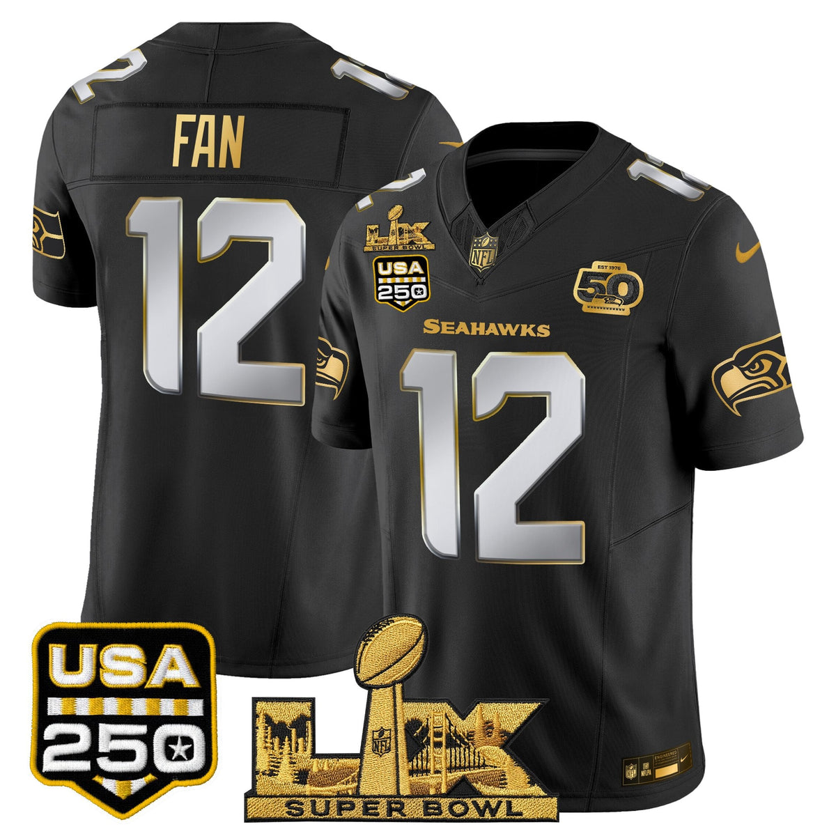 Seattle Seahawks "Super Bowl LX & United States 250th Anniversary Patch" Gold Vapor Limited Jersey - Stitched