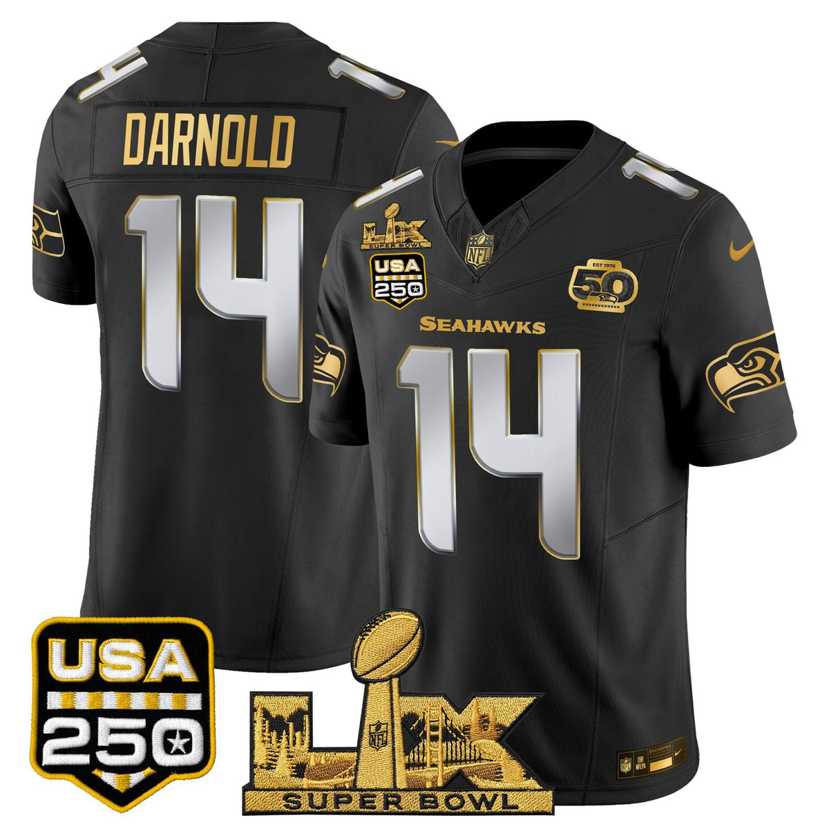 Seattle Seahawks "Super Bowl LX & United States 250th Anniversary Patch" Gold Vapor Limited Jersey - Stitched