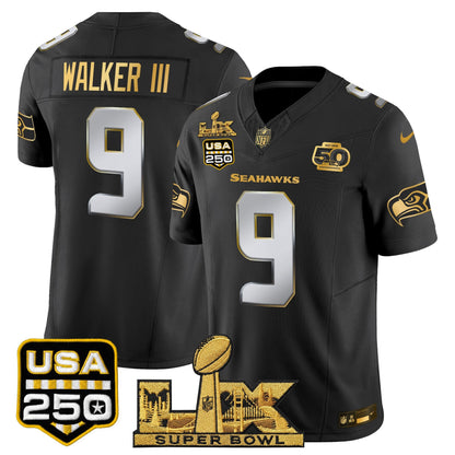 Seattle Seahawks "Super Bowl LX & United States 250th Anniversary Patch" Gold Vapor Limited Jersey - Stitched
