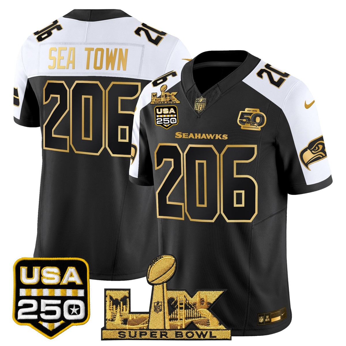 Seattle Seahawks "Super Bowl LX & United States 250th Anniversary Patch" Gold Vapor Limited Jersey - Stitched