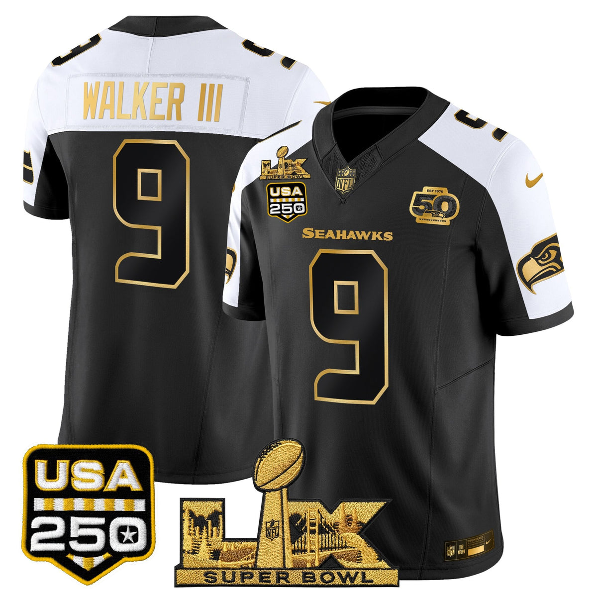 Seattle Seahawks "Super Bowl LX & United States 250th Anniversary Patch" Gold Vapor Limited Jersey - Stitched