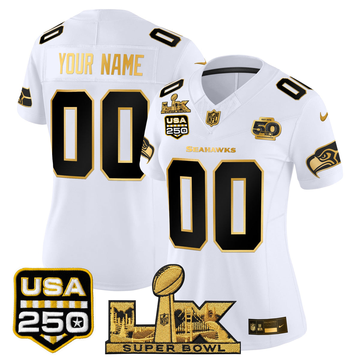 Seattle Seahawks "Super Bowl LX & United States 250th Anniversary Patch" Gold Vapor Limited Custom Jersey - Stitched