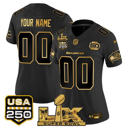 Seattle Seahawks "Super Bowl LX & United States 250th Anniversary Patch" Gold Vapor Limited Custom Jersey - Stitched