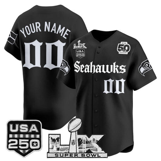 Seattle Seahawks “Super Bowl LX & 50th Patch” Vapor Baseball Custom Jersey - Gothic Edition - Stitched