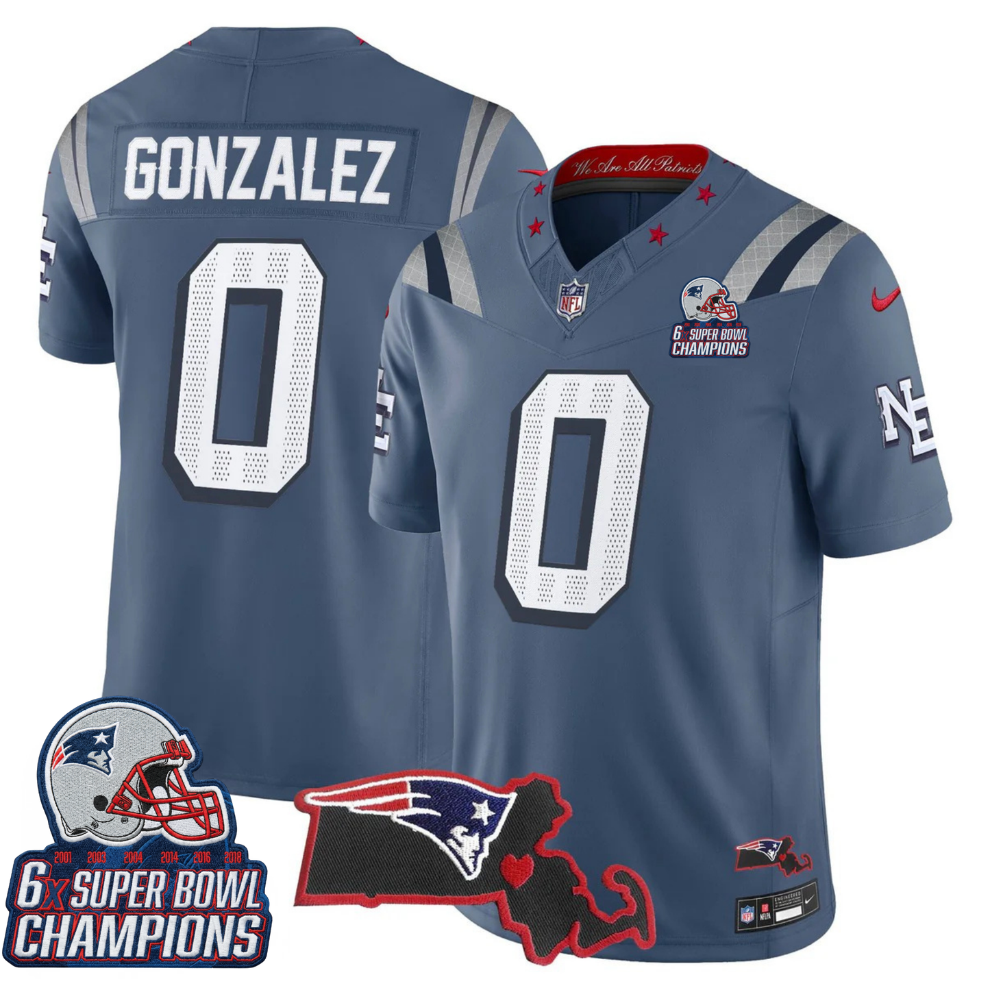 NE 6-Time Champions & Massachusetts Patch Vapor Limited Jersey V3- All Stitched
