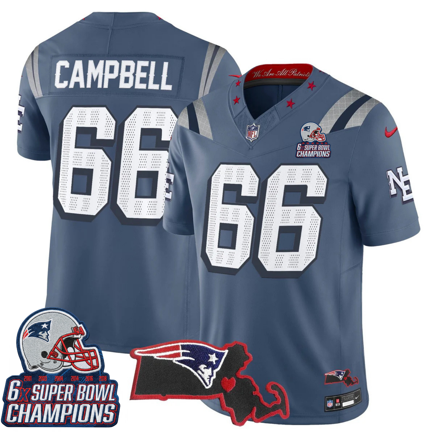 NE 6-Time Champions & Massachusetts Patch Vapor Limited Jersey V3- All Stitched