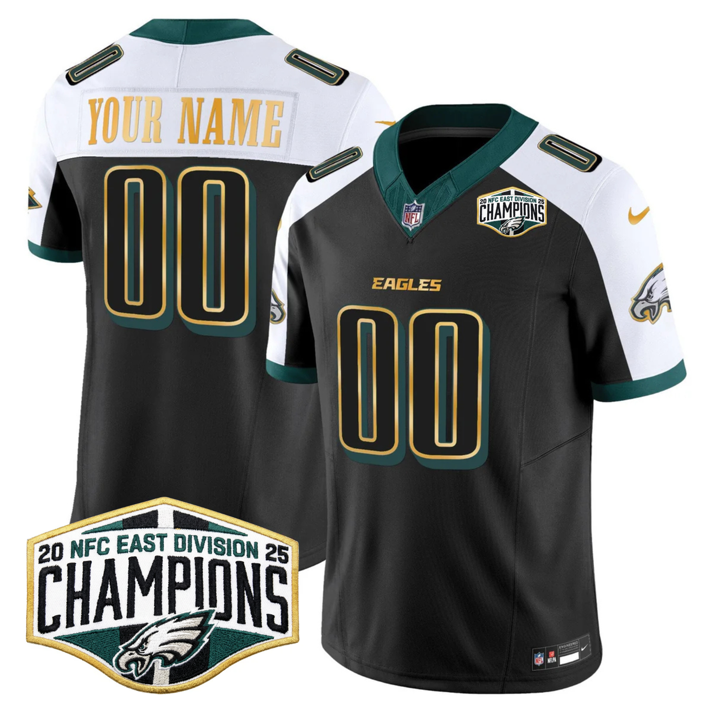 Eagles 2025 NFC East Division Champions Gold Trim Vapor Limited Custom Jersey - All Stitched