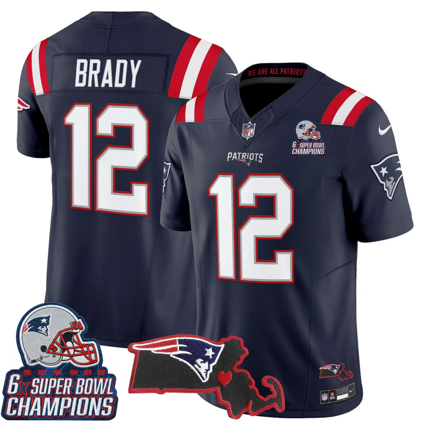 NE 6-Time Champions & Massachusetts Patch Vapor Limited Jersey V3- All Stitched