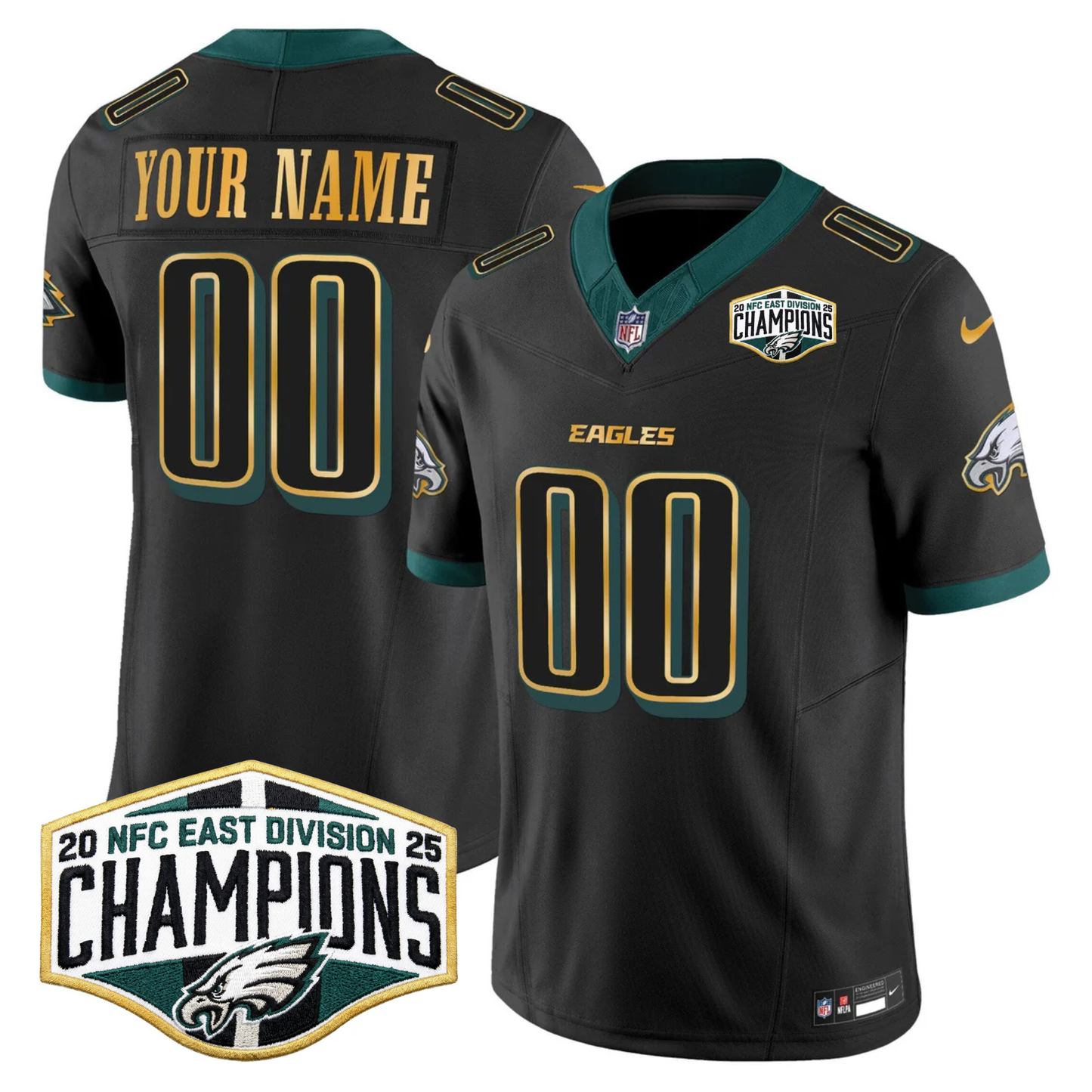 Eagles 2025 NFC East Division Champions Gold Trim Vapor Limited Custom Jersey - All Stitched