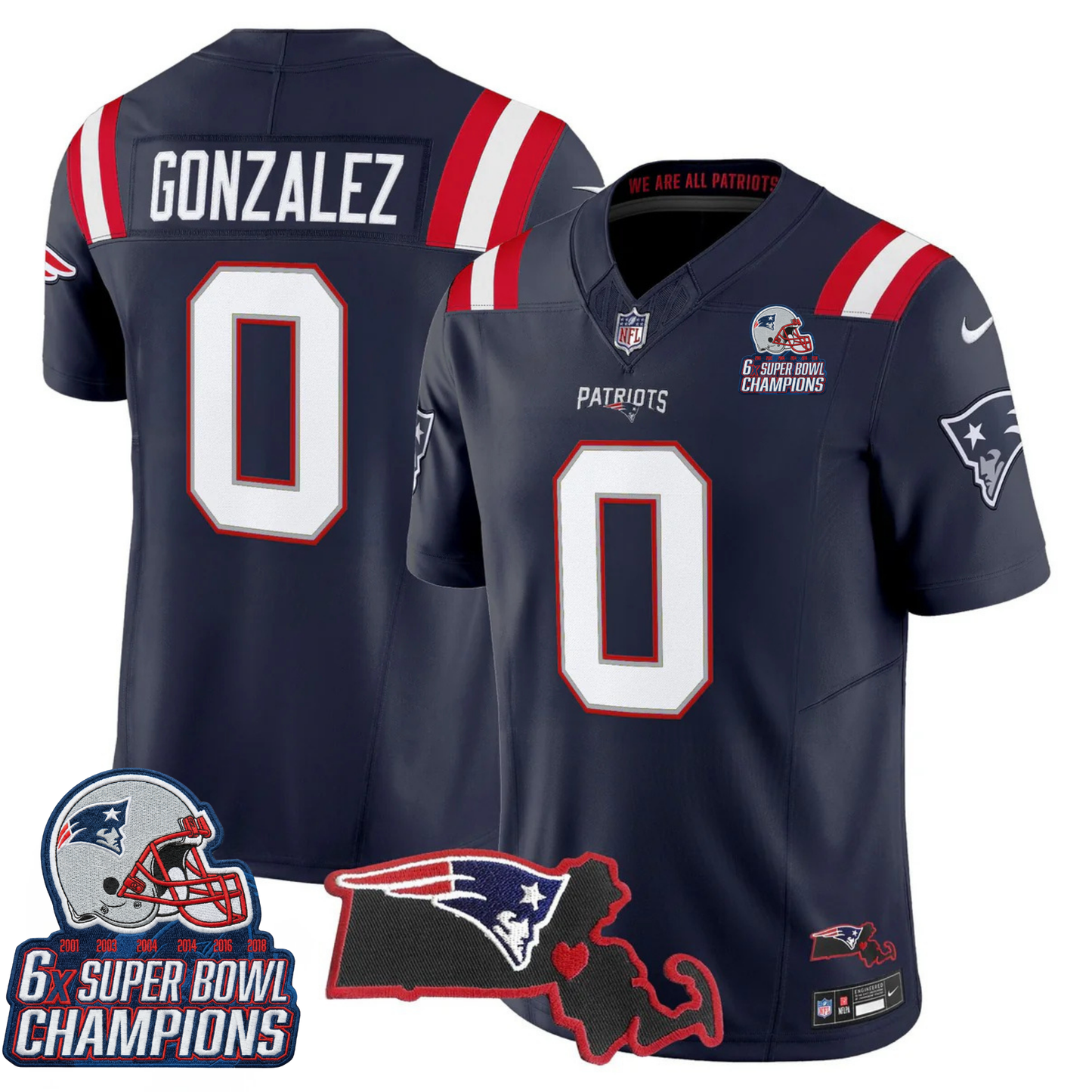 NE 6-Time Champions & Massachusetts Patch Vapor Limited Jersey V3- All Stitched