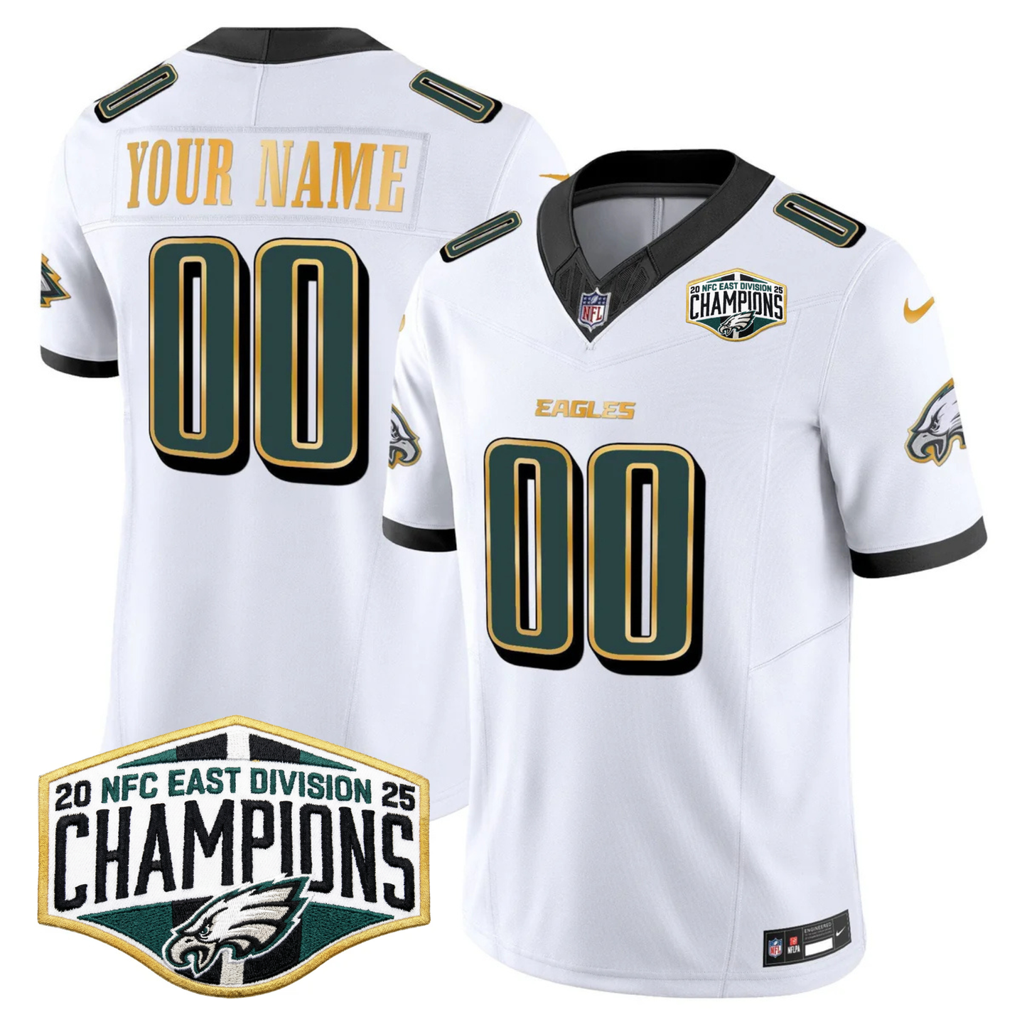Eagles 2025 NFC East Division Champions Gold Trim Vapor Limited Custom Jersey - All Stitched