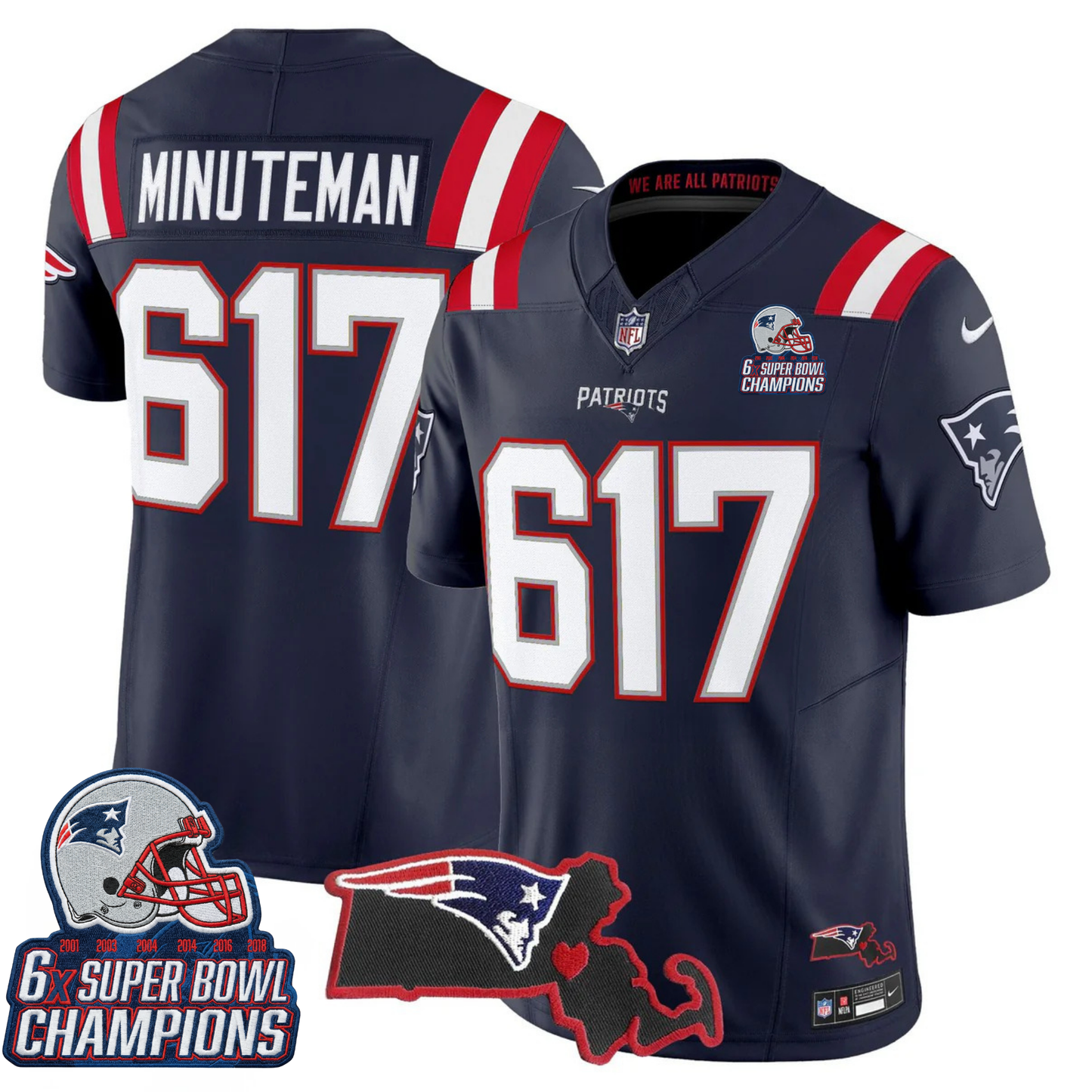 NE 6-Time Champions & Massachusetts Patch Vapor Limited Jersey V3- All Stitched