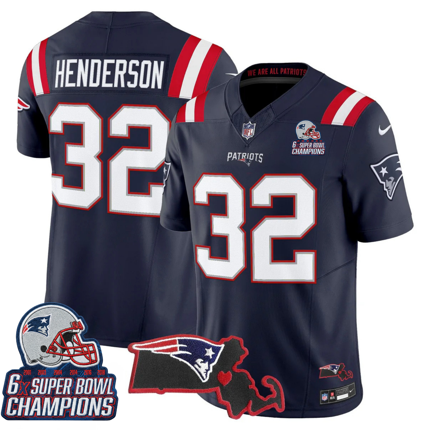 NE 6-Time Champions & Massachusetts Patch Vapor Limited Jersey V3- All Stitched