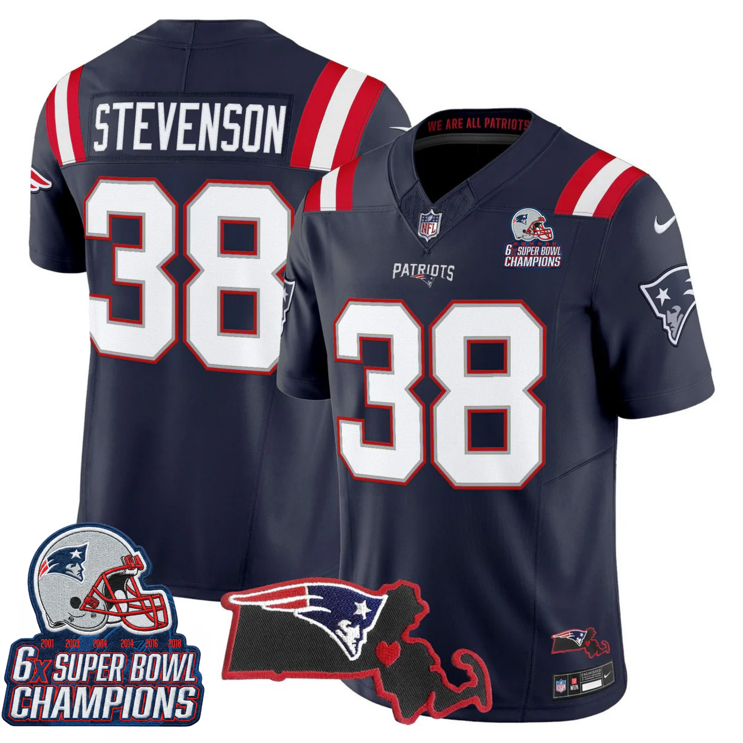 NE 6-Time Champions & Massachusetts Patch Vapor Limited Jersey V3- All Stitched