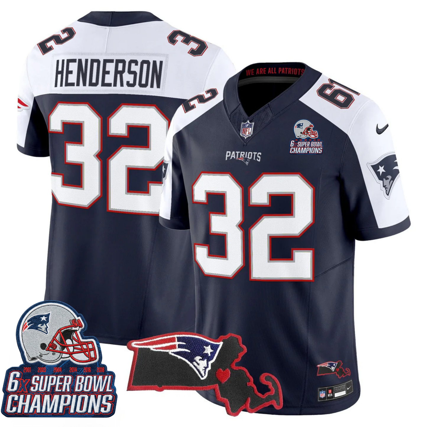 NE 6-Time Champions & Massachusetts Patch Vapor Limited Jersey V3- All Stitched