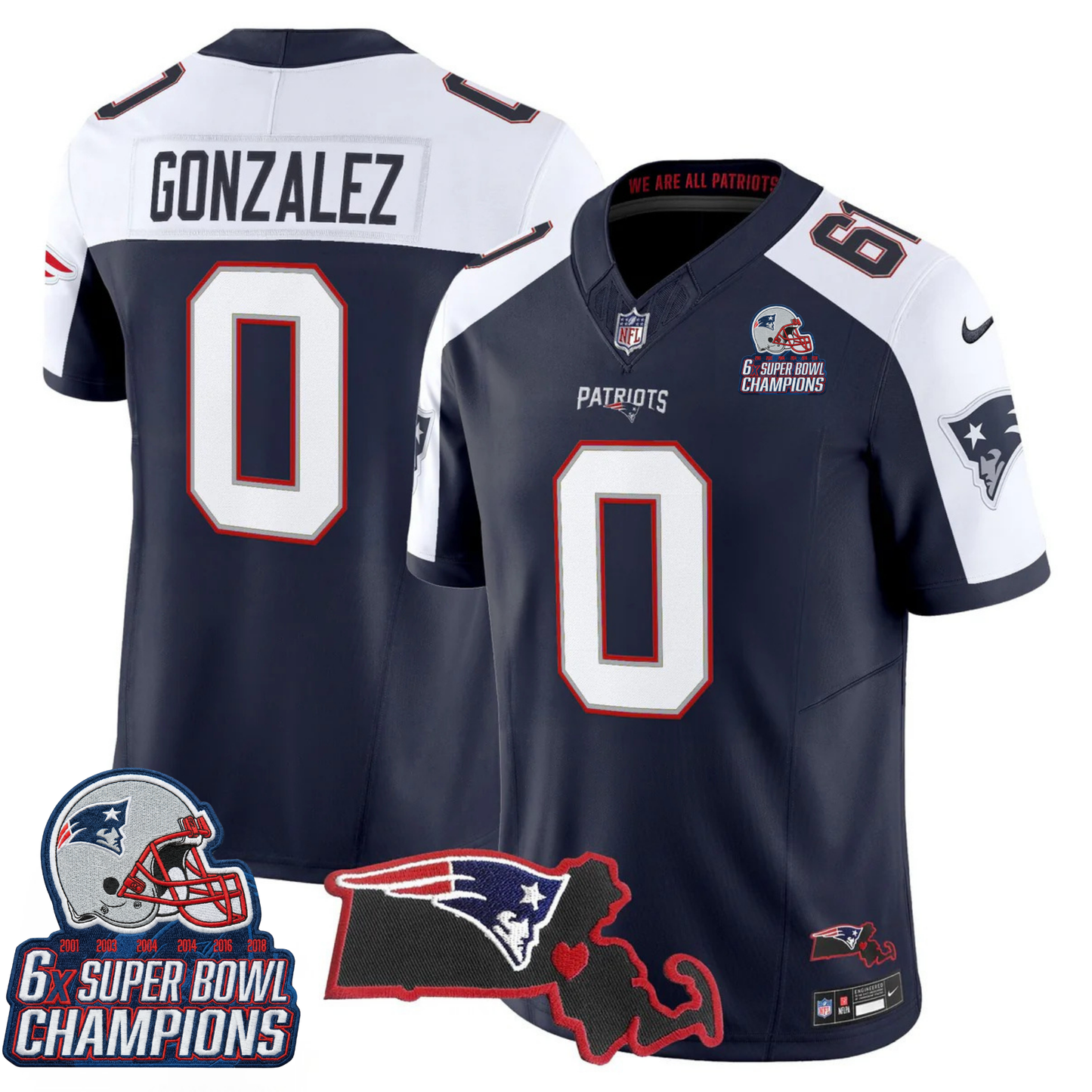 NE 6-Time Champions & Massachusetts Patch Vapor Limited Jersey V3- All Stitched