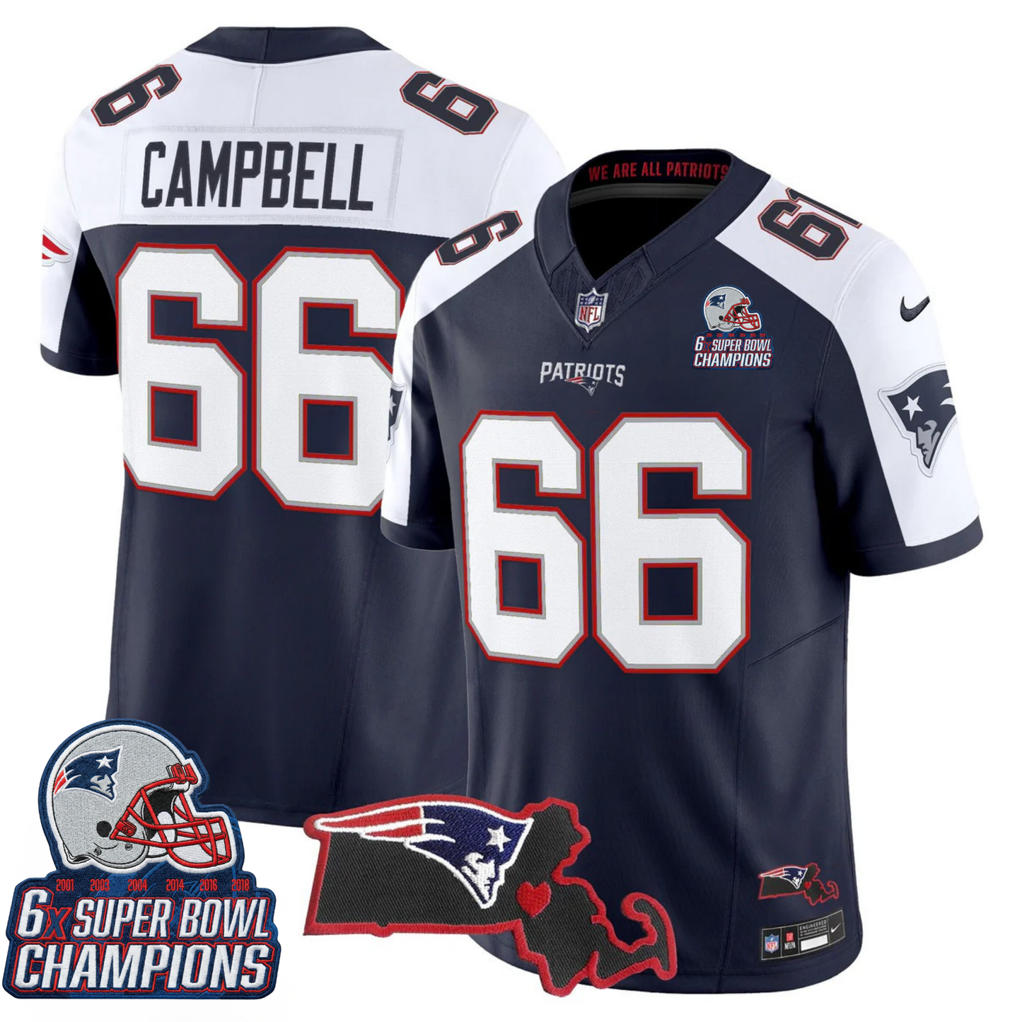 NE 6-Time Champions & Massachusetts Patch Vapor Limited Jersey V3- All Stitched
