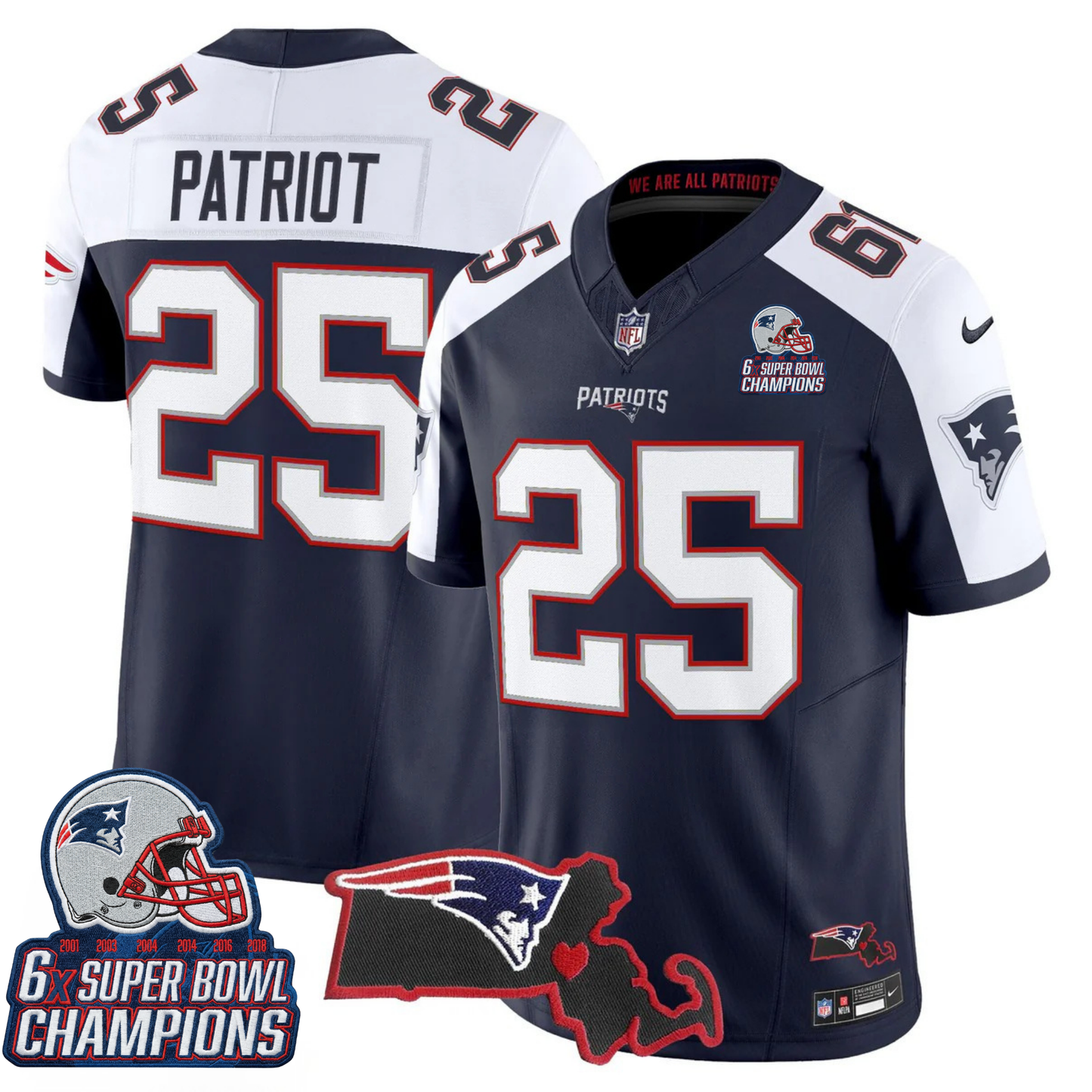NE 6-Time Champions & Massachusetts Patch Vapor Limited Jersey V3- All Stitched