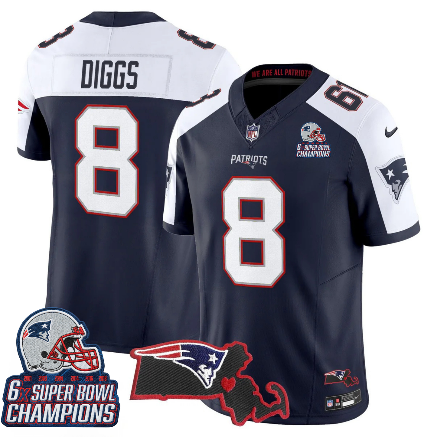 NE 6-Time Champions & Massachusetts Patch Vapor Limited Jersey V3- All Stitched