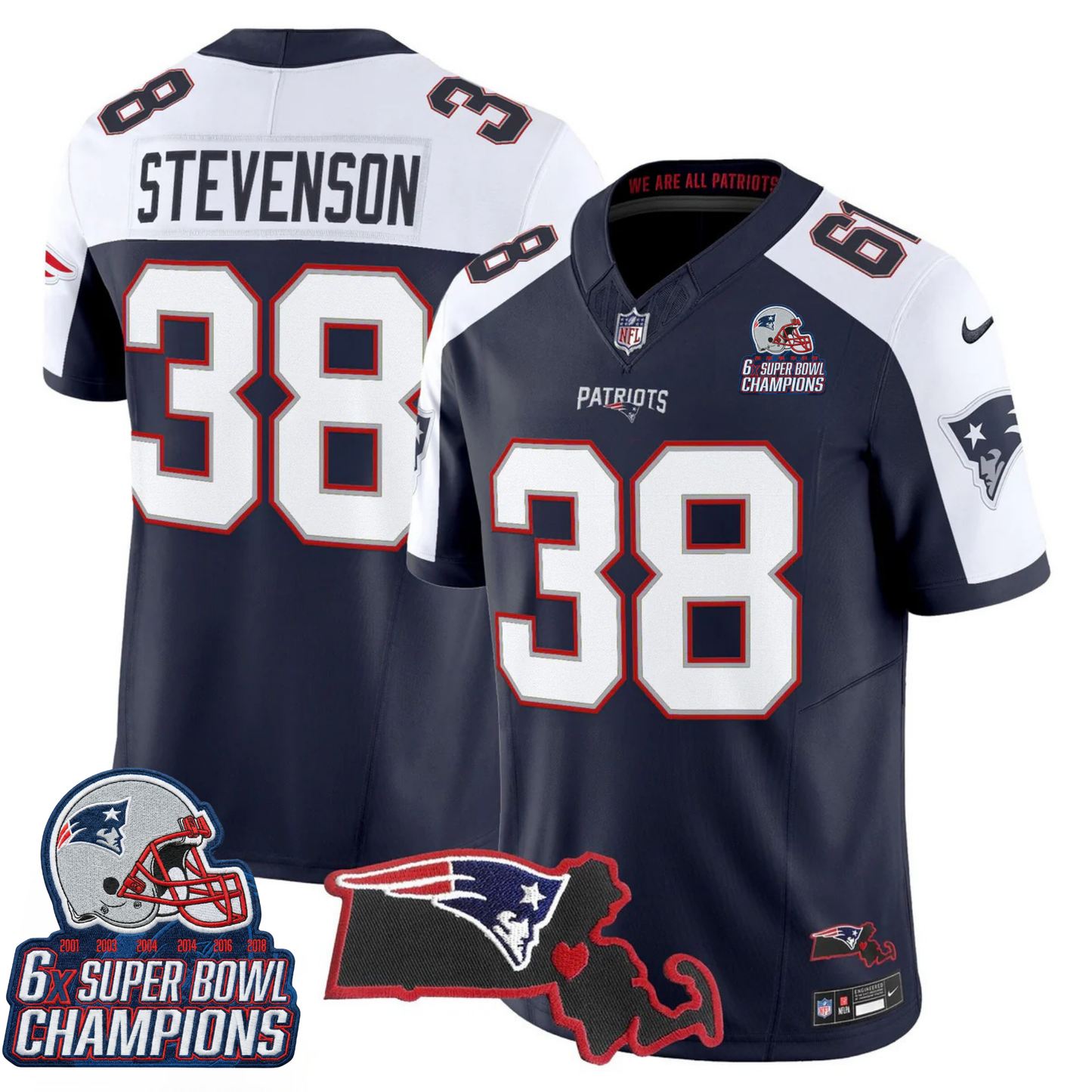 NE 6-Time Champions & Massachusetts Patch Vapor Limited Jersey V3- All Stitched