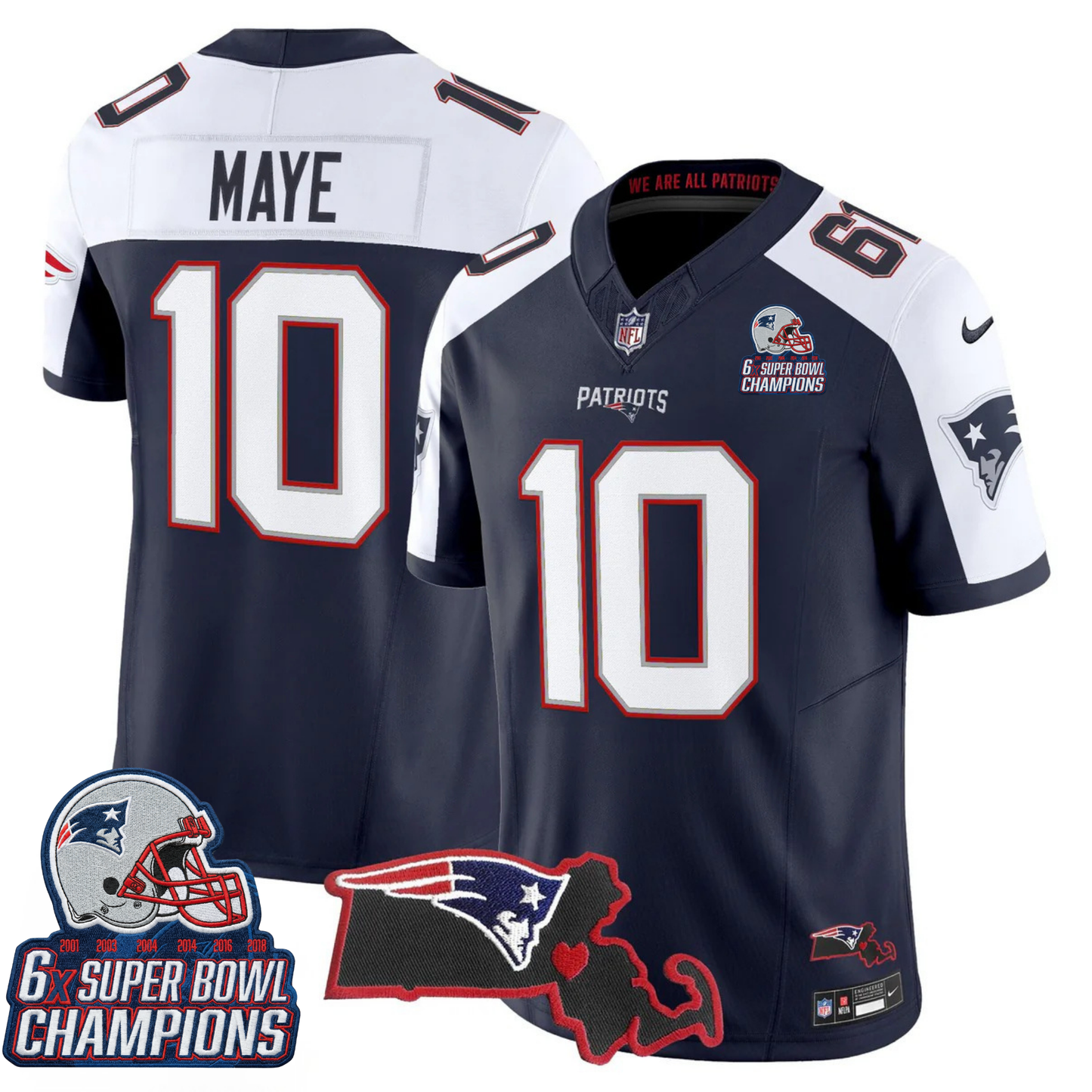 NE 6-Time Champions & Massachusetts Patch Vapor Limited Jersey V3- All Stitched