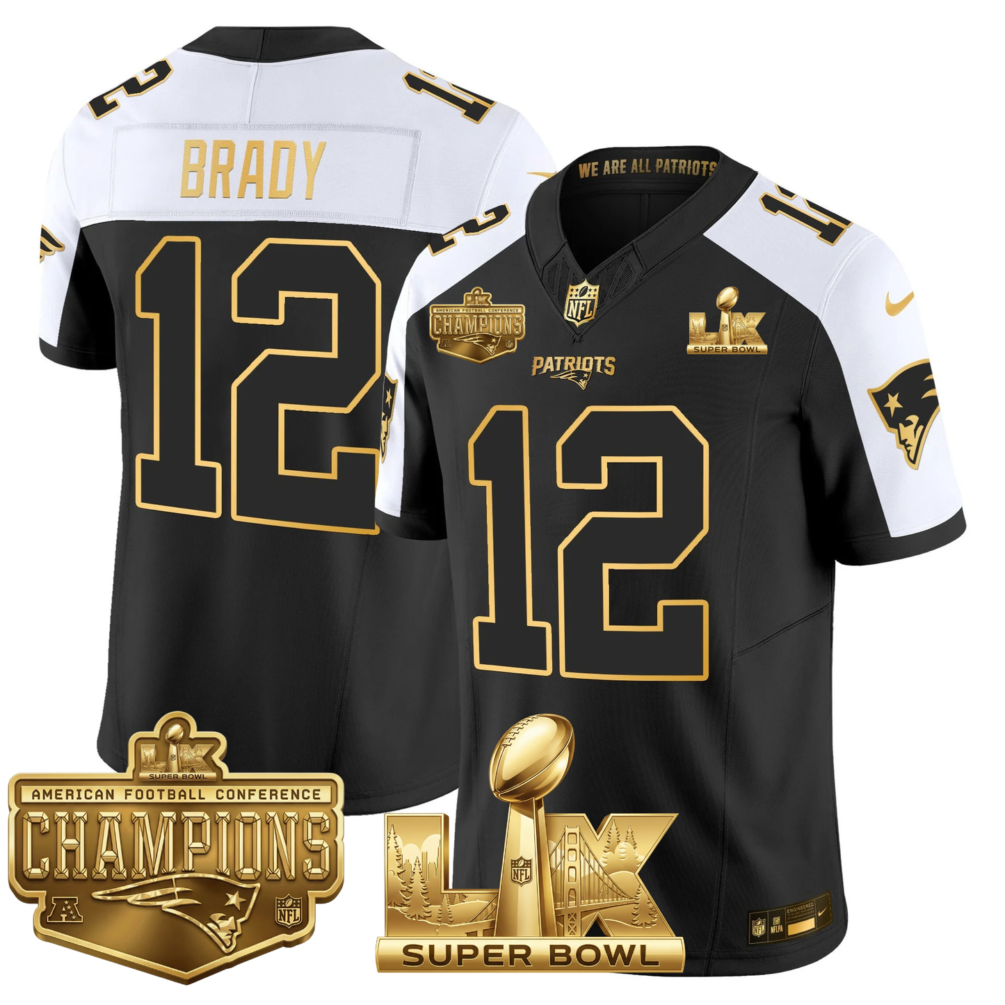 NE AFC Champs & S.B LX Patch Limited Gold Jersey - All Stitched