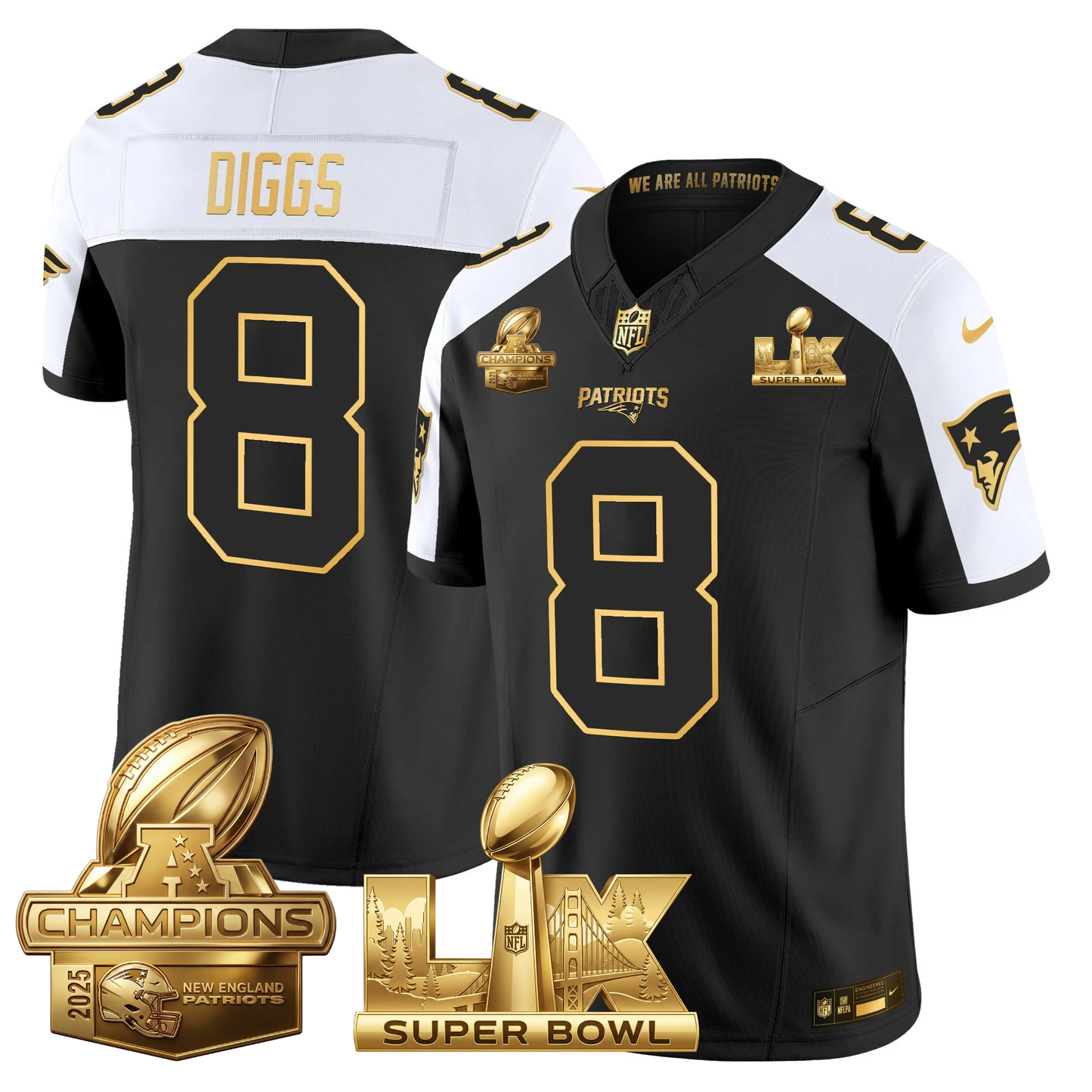 NE 2025 AFC Champions Vapor Limited Gold Jersey V2 - All Stitched