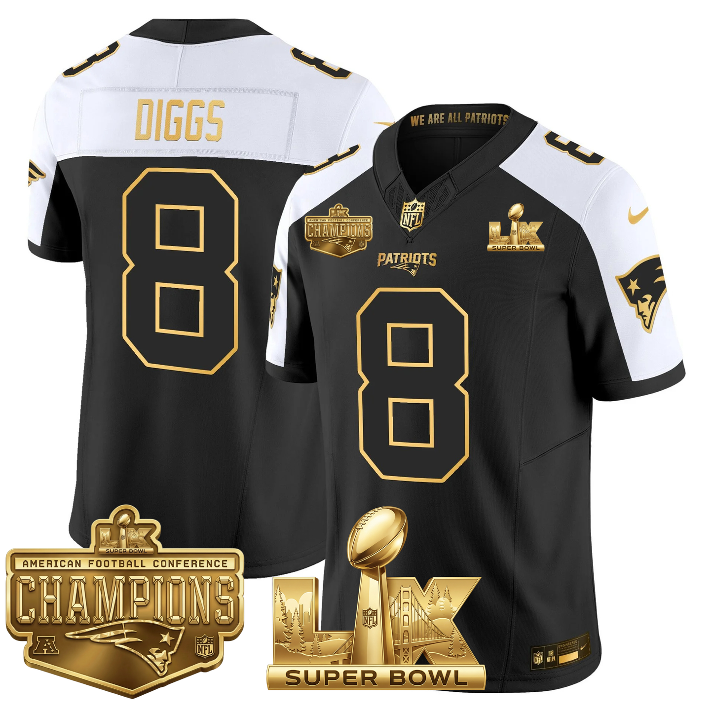 NE AFC Champs & S.B LX Patch Limited Gold Jersey - All Stitched