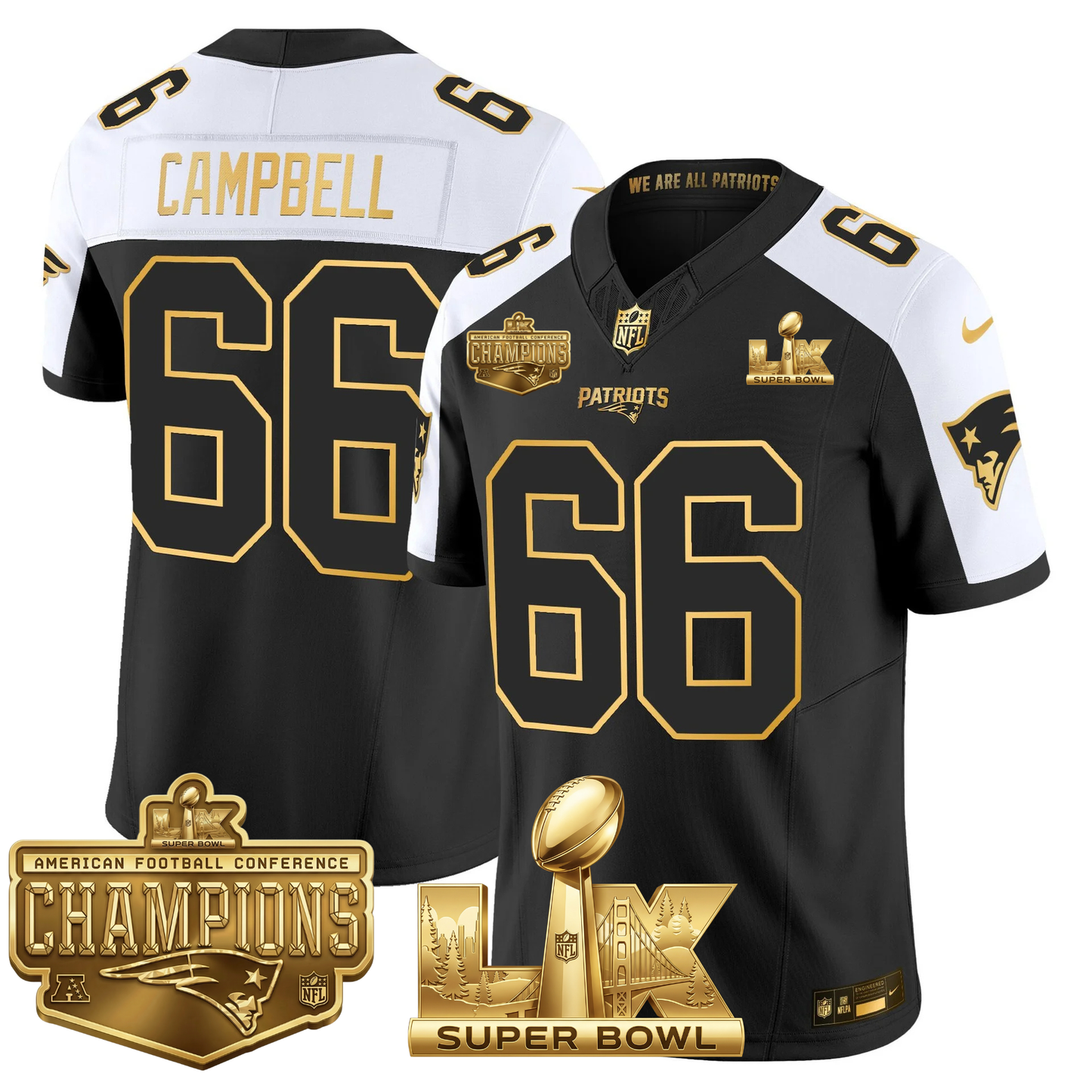 NE AFC Champs & S.B LX Patch Limited Gold Jersey - All Stitched