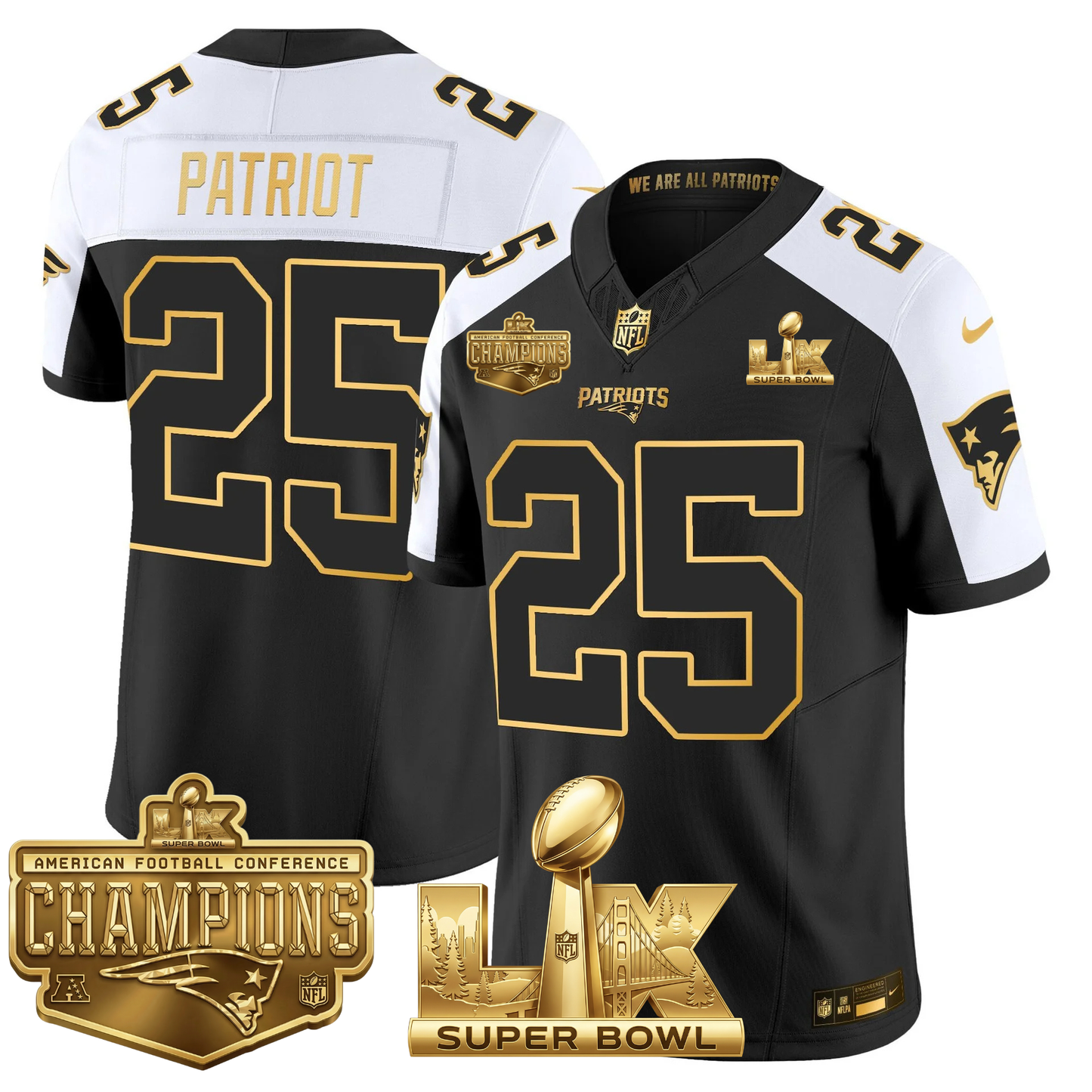 NE AFC Champs & S.B LX Patch Limited Gold Jersey - All Stitched