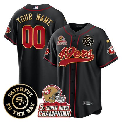 49ers Faithful To The Bay & 5x Champions Patch Baseball Custom Jersey - All Stitched