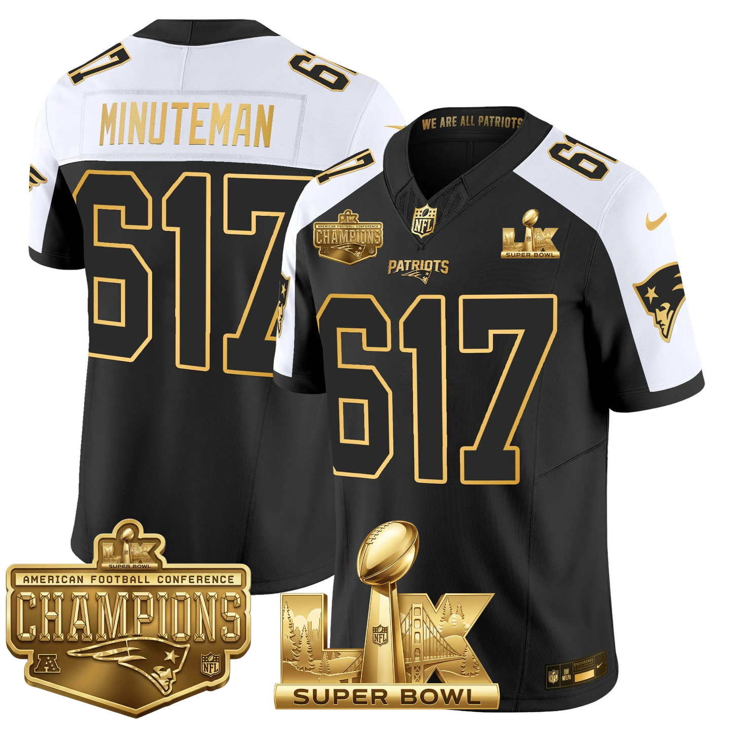 NE AFC Champs & S.B LX Patch Limited Gold Jersey - All Stitched