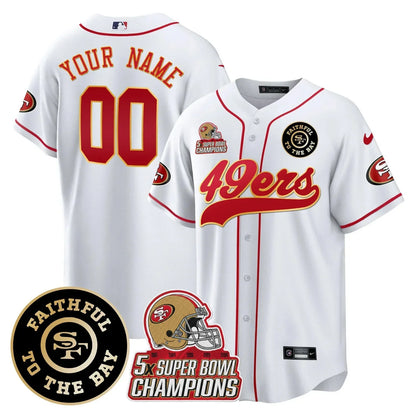 49ers Faithful To The Bay & 5x Champions Patch Baseball Custom Jersey - All Stitched