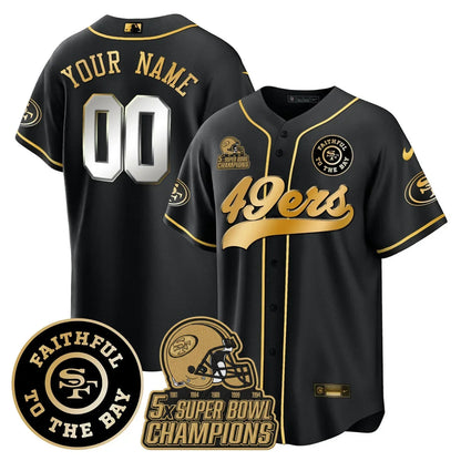 49ers Faithful To The Bay & 5x Champions Patch Baseball Custom Jersey - All Stitched