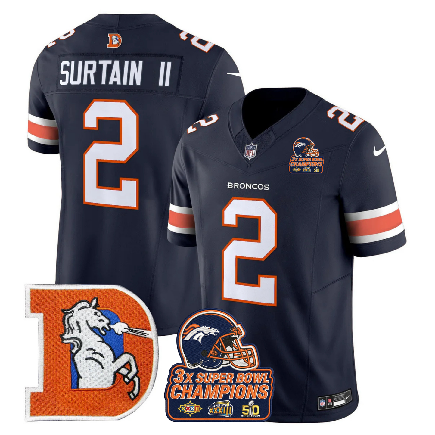 DEN Throwback 3-Times Champions Patch Vapor Limited Jersey V3 - All Stitched