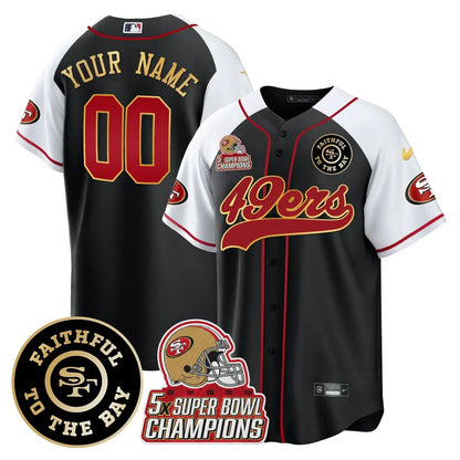 49ers Faithful To The Bay & 5x Champions Patch Baseball Custom Jersey - All Stitched