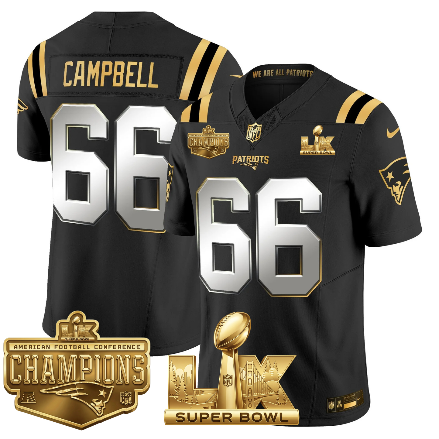 NE AFC Champs & S.B LX Patch Limited Gold Jersey - All Stitched