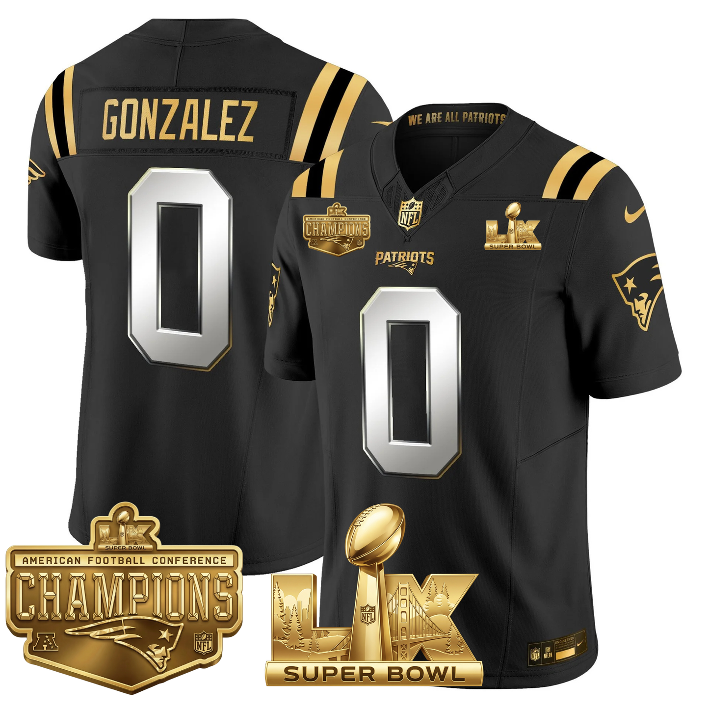 NE AFC Champs & S.B LX Patch Limited Gold Jersey - All Stitched