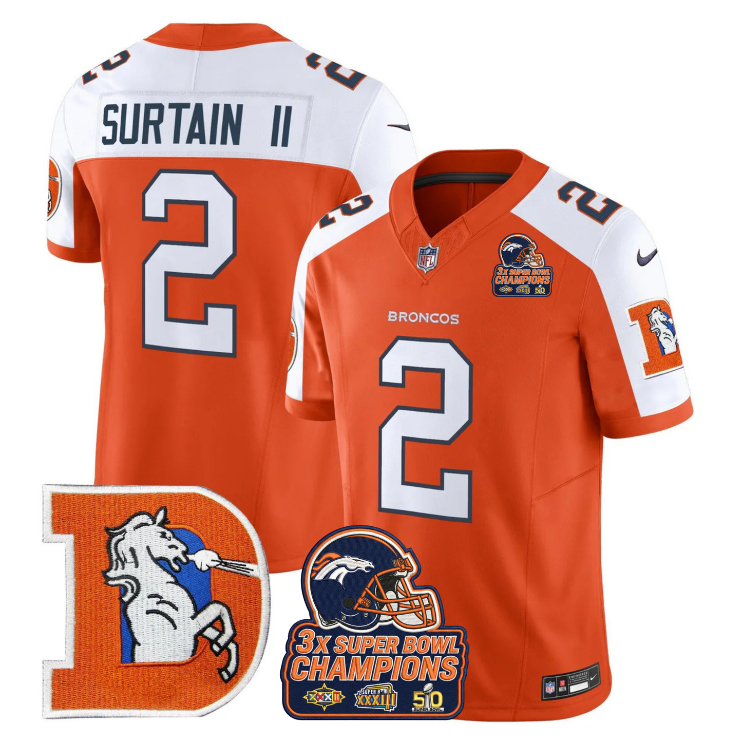 DEN Throwback 3-Times Champions Patch Vapor Limited Jersey V3 - All Stitched