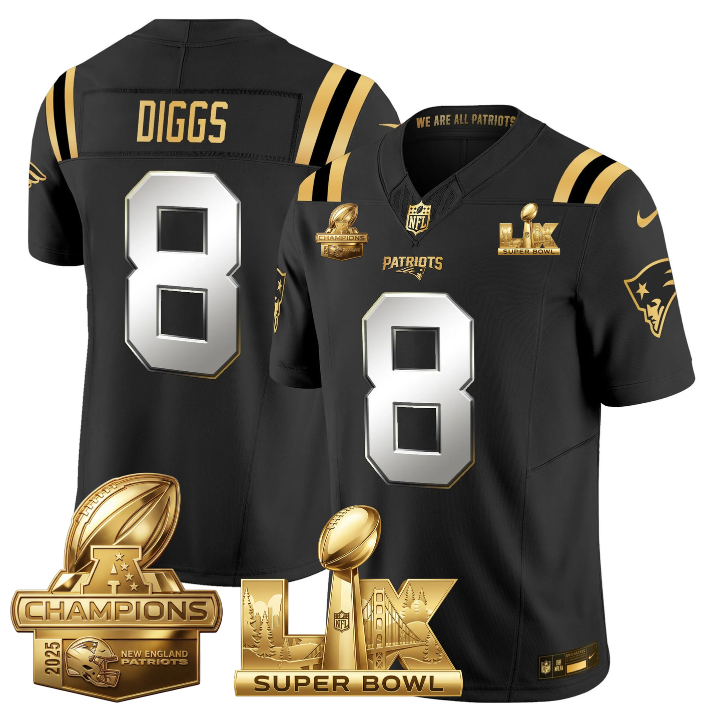 NE 2025 AFC Champions Vapor Limited Gold Jersey V2 - All Stitched
