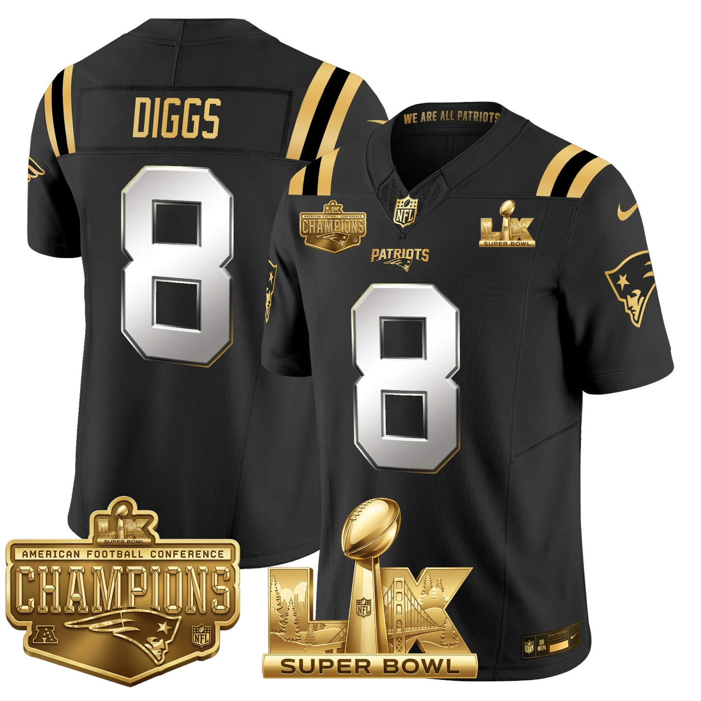 NE AFC Champs & S.B LX Patch Limited Gold Jersey - All Stitched