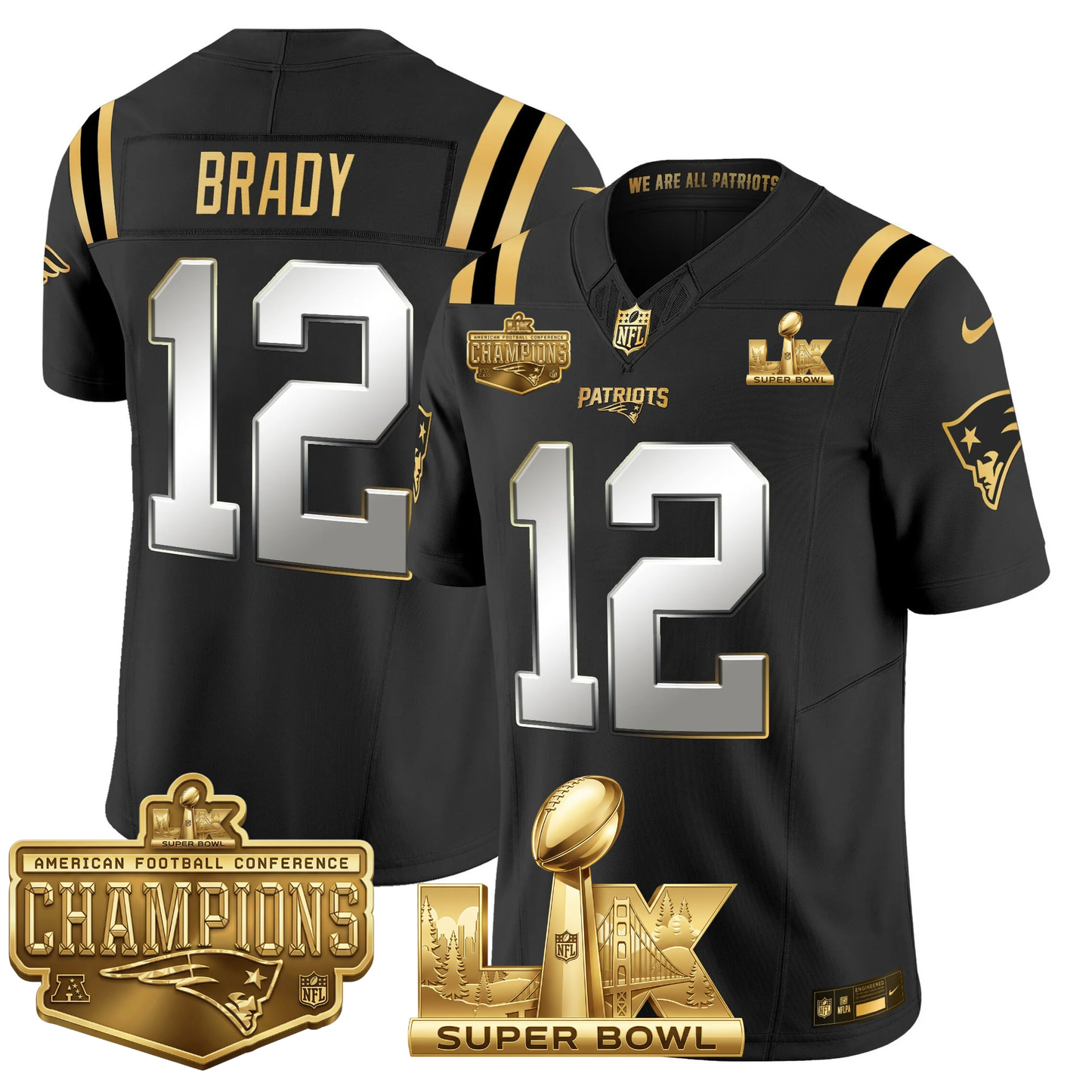 NE AFC Champs & S.B LX Patch Limited Gold Jersey - All Stitched