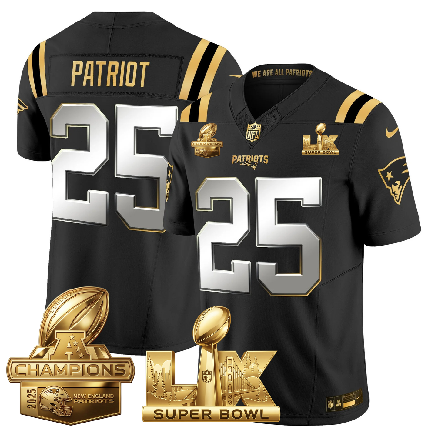 NE 2025 AFC Champions Vapor Limited Gold Jersey V2 - All Stitched